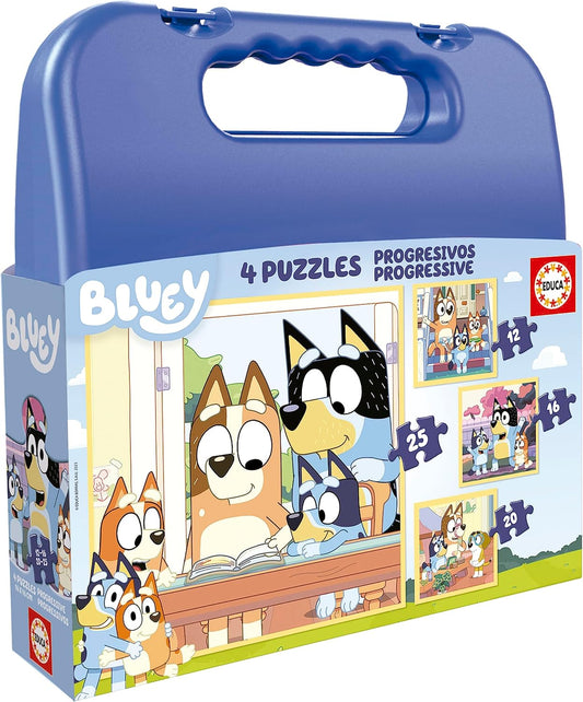 Set de Cuatro Puzzles progresivos de 12 a 25 Piezas con los Personajes de Bluey | Presentados en una magnífica Maleta para Poder guardarlos. Recomendados a Partir de 3 años